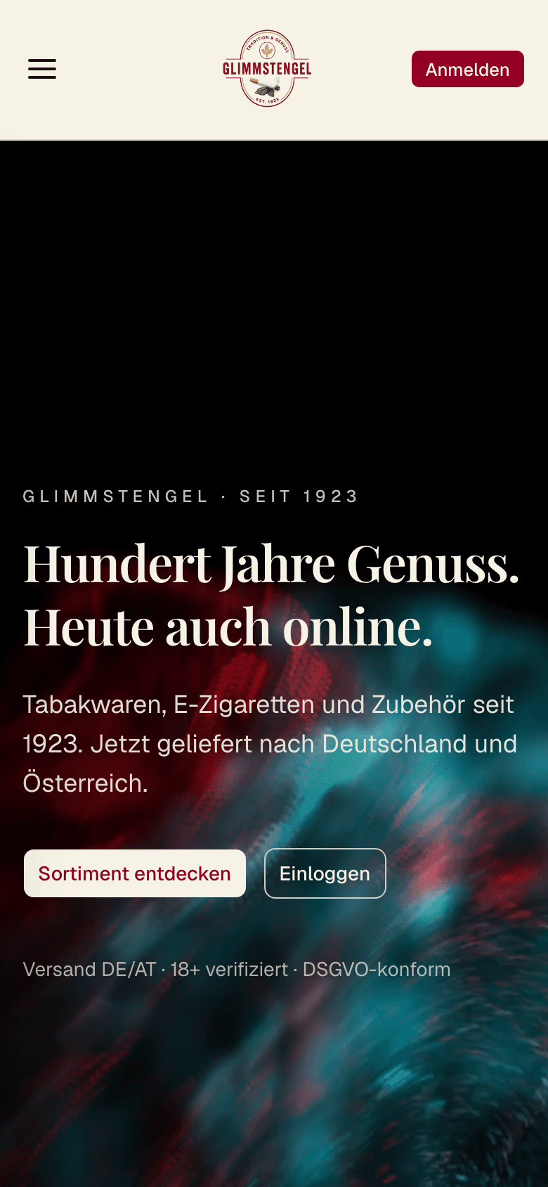 Screenshot der Website glimmstengel.com (Mobil)